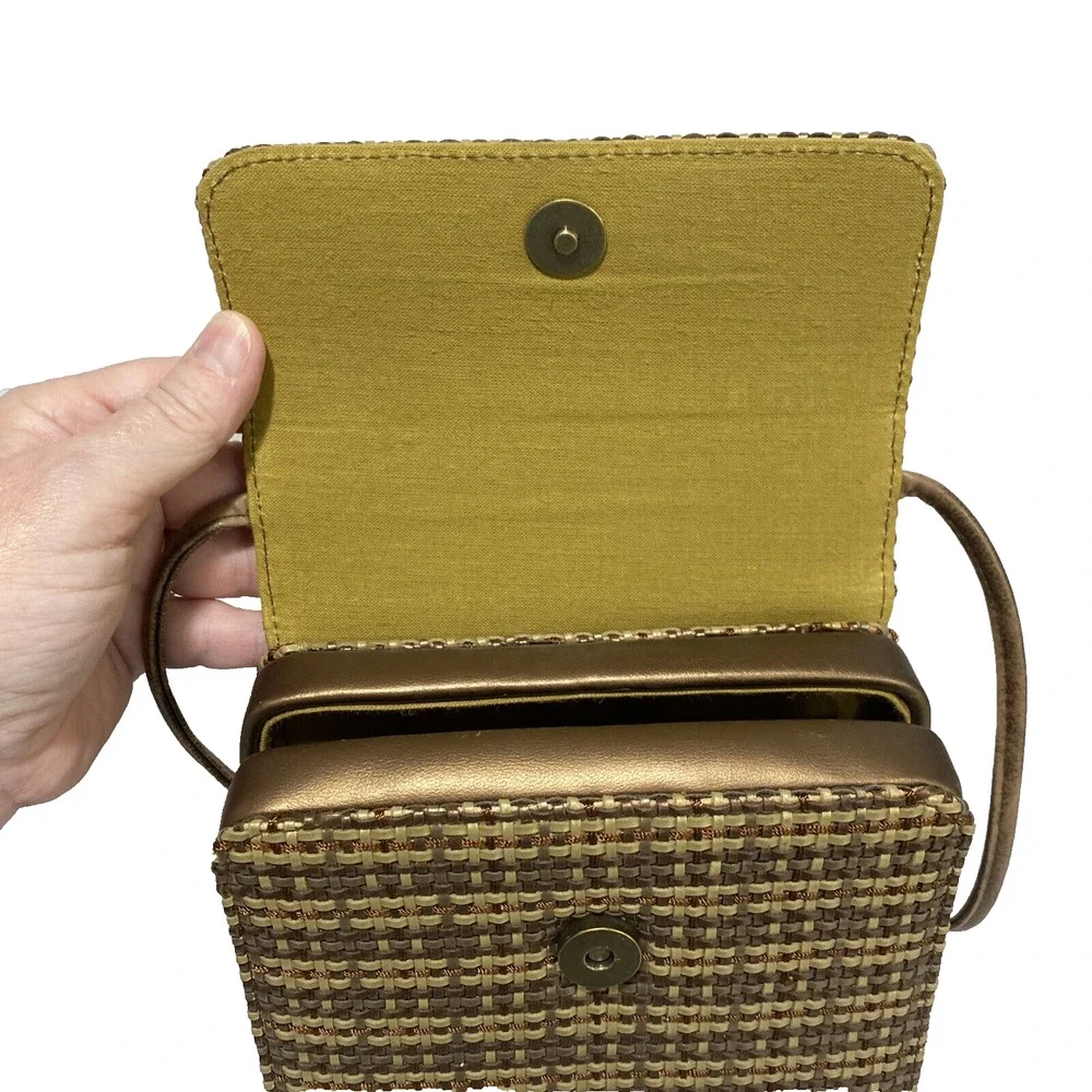 Vintage Mid Century Box Style Purse Shoulder Bag Brown Gold Woven Elegant Chic